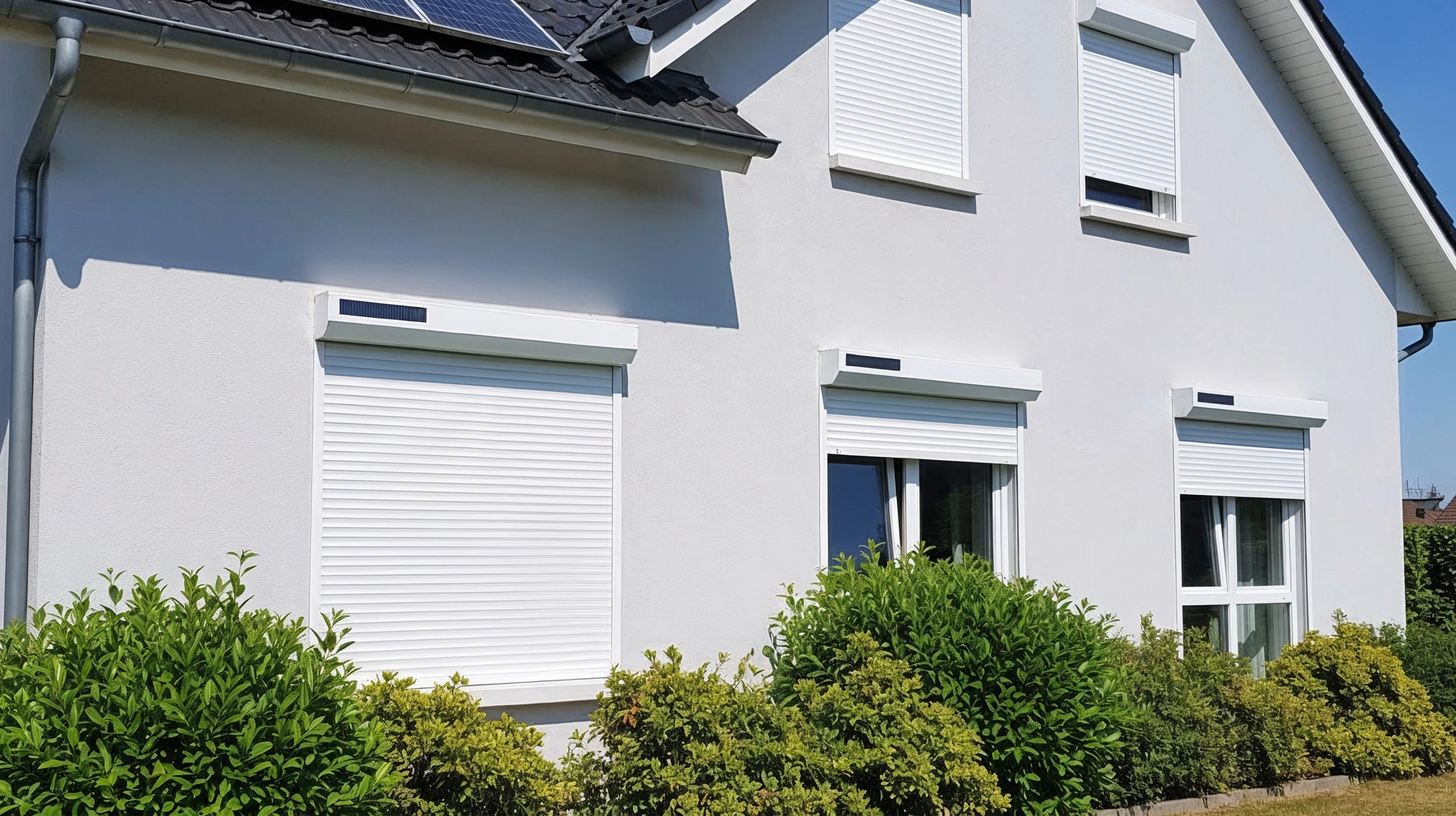 Maison résidentielle moderne avec toiture en tuiles bleues équipée de panneaux solaires photovoltaïques